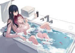 Rule 34 | 2girls, bathing, black hair, blush, bubble, closed eyes, closed mouth, collarbone, commentary, couple, earclip, gradient hair, highres, long hair, miix777, multicolored hair, multiple girls, nude, path to nowhere, rahu (path to nowhere), red hair, same-sex bathing, shalom (path to nowhere), shared bathing, sidelocks, symbol-only commentary, towel, twitter username, white hair, yuri