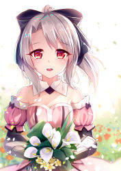 Rule 34 | 1girl, bare shoulders, black bow, blush, bouquet, bow, detached collar, fate/kaleid liner prisma illya, fate (series), flower, gauntlets, grey hair, hair bow, half-closed eyes, holding, holding bouquet, illyasviel von einzbern, looking at viewer, open mouth, outdoors, parted bangs, ponytail, red eyes, sidelocks, smile, solo, tareme, upper body, yan (nicknikg)