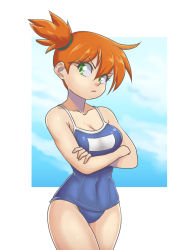 Rule 34 | 1girl, asymmetrical hair, blue one-piece swimsuit, creatures (company), crossed arms, game freak, gez1313, green eyes, highres, legs, looking at viewer, misty (pokemon), nintendo, one-piece swimsuit, pokemon, pokemon rgby, ponytail, school swimsuit, short ponytail, side ponytail, simple background, solo, swimsuit, thighs, white background