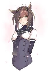 Rule 34 | 10s, 1girl, :&lt;, ahoge, anchor symbol, arms behind back, blush, bodysuit, breasts, brown hair, closed mouth, eyebrows, goekawa, gradient background, green eyes, hair flaps, hairband, hatsuzuki (kancolle), kantai collection, looking at viewer, medium breasts, multicolored background, neckerchief, petals, school uniform, serafuku, short hair, short sleeves, solo, two-tone background, upper body