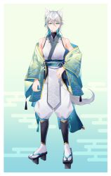 Rule 34 | 1boy, absurdres, animal ear fluff, animal ears, bare shoulders, black footwear, blue background, blue hair, closed mouth, commentary request, egasumi, full body, geta, gradient background, green background, green eyes, grey hair, hair between eyes, highres, indie virtual youtuber, japanese clothes, kimono, long sleeves, looking at viewer, male focus, multicolored hair, myusha, off shoulder, open clothes, pants, platform footwear, puffy pants, smile, socks, solo, standing, tabi, tail, tukishiro mika, two-tone hair, virtual youtuber, white kimono, white pants, white socks, wide sleeves, wolf ears, wolf girl, wolf tail