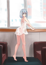 Rule 34 | 1girl, absurdres, azur lane, barefoot, blue eyes, breasts, chair, closed mouth, earrings, hair between eyes, highres, indoors, jewelry, large breasts, lingerie, looking at viewer, negligee, see-through, silver hair, solo, the hermit, tirpitz (azur lane), underwear, wall, window, windowsill