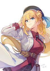 Rule 34 | 1girl, agnes claudel, belt, belt pouch, beret, black hat, black ribbon, black skirt, blonde hair, blue eyes, braid, braided bun, breasts, chinese commentary, closed mouth, coat, collared shirt, cowboy shot, dated, eiyuu densetsu, feng you, floating hair, hair bun, hand in own hair, hat, highres, kuro no kiseki, kuro no kiseki ii, long hair, long sleeves, medium breasts, miniskirt, neck ribbon, open clothes, open coat, plaid, plaid skirt, pouch, red shirt, ribbon, shirt, simple background, skirt, smile, solo, standing, white background, white belt, white coat, wing collar