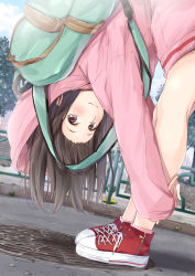 Rule 34 | 1girl, 2nd, atelier2nd, backpack, bad id, bad pixiv id, bag, bent over, blush, brown eyes, brown hair, cardigan, closed mouth, converse, day, hood, hoodie, light smile, long hair, long sleeves, looking at viewer, manhole, manhole cover, original, outdoors, pink socks, railing, ribbed legwear, shoes, sneakers, socks, solo, standing, upside-down
