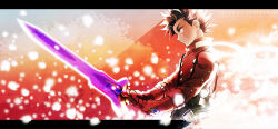 Rule 34 | 00s, 1boy, bad id, bad pixiv id, brown hair, coat, gloves, gotou (pixiv37128), highres, letterboxed, lloyd irving, male focus, red shirt, serious, shirt, solo, spiked hair, sword, tales of (series), tales of symphonia, weapon