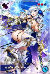 Rule 34 | 1girl, age of ishtaria, armor, arthur (age of ishtaria), bikini armor, blue eyes, cape, highres, long hair, silver hair, sword, weapon
