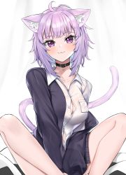 Rule 34 | 1girl, ahoge, animal collar, animal ear fluff, animal ears, black collar, black jacket, blush, breasts, button gap, cat ears, cat girl, cat tail, collar, collarbone, collared shirt, dress shirt, hair between eyes, highres, hololive, jacket, large breasts, long sleeves, looking at viewer, nekomata okayu, nekomata okayu (oversized shirt), nemun (tamizzz), no bra, no pants, open clothes, open jacket, partially unbuttoned, purple eyes, purple hair, shirt, sitting, smile, solo, tail, virtual youtuber, white shirt