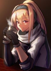 Rule 34 | 1girl, black gloves, blonde hair, closed mouth, cup, girls&#039; frontline, gloves, green hairband, hairband, highres, holding, holding cup, jacket, lodbyy, long hair, looking at viewer, ponytail, red eyes, russian flag, simple background, sitting, smile, solo, sv-98 (girls&#039; frontline), sv-98 (mod3) (girls&#039; frontline), white jacket