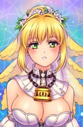Rule 34 | 10s, 1girl, 2016, :o, ahoge, arm belt, artist name, bare shoulders, blonde hair, blush, breasts, burbur, chain, cleavage, detached sleeves, dress, fate/extra, fate/extra ccc, fate (series), flower, green eyes, hair flower, hair intakes, hair ornament, head tilt, jewelry, large breasts, lock, looking at viewer, neck ring, nero claudius (bride) (fate), nero claudius (bride) (second ascension) (fate), nero claudius (fate), nero claudius (fate) (all), parted lips, solo, strapless, strapless dress, teeth, tsurime, upper body, veil, white dress, white flower, zipper