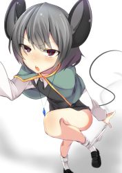 Rule 34 | &gt;:o, 1girl, :o, animal ears, bad id, bad pixiv id, black dress, capelet, dress, eyes visible through hair, grey hair, highres, hiiragi ken, long sleeves, mouse ears, mouse girl, mouse tail, nazrin, open mouth, panties, panties around leg, panty pull, perspective, red eyes, shirt, short dress, short hair, solo, standing, standing on one leg, tail, thighs, touhou, underwear, v-shaped eyebrows, white panties, white shirt
