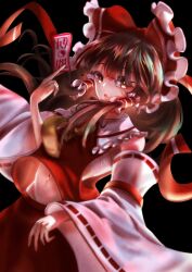 Rule 34 | 1girl, :o, absurdres, ascot, black background, blurry, bow, brown eyes, collared shirt, detached sleeves, frilled bow, frilled hair tubes, frills, hair bow, hair tubes, hakama, hakurei reimu, highres, holding, japanese clothes, long hair, looking at viewer, medium hair, miko, navel, qwamatono999, red bow, red hakama, red shirt, red skirt, red vest, ribbon-trimmed sleeves, ribbon trim, sarashi, shirt, skirt, skirt set, sleeveless, sleeveless shirt, spell card, touhou, vest, white sleeves, wide sleeves, yellow ascot