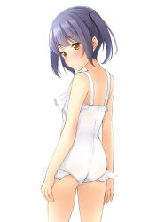 Rule 34 | 1girl, ass, brown eyes, casual one-piece swimsuit, cowboy shot, frilled one-piece swimsuit, frills, from behind, highres, looking at viewer, one-piece swimsuit, original, purple hair, shibacha, short hair, simple background, solo, swimsuit, twintails, white background, white one-piece swimsuit