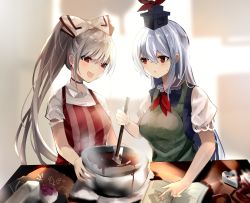 Rule 34 | 2girls, :d, :o, alternate hairstyle, apron, blue choker, blue dress, blue hair, blue headwear, blurry, blurry background, book, bow, breasts, chocolate, choker, cooking, crossed bangs, dress, earrings, fujiwara no mokou, green apron, hair between eyes, hair bow, hat, high ponytail, highres, hiiro60, holding, holding spatula, indoors, jewelry, kamishirasawa keine, light blue hair, light blush, long hair, looking at another, medium breasts, multiple girls, open book, open mouth, pants, pinafore dress, pointing, puffy short sleeves, puffy sleeves, red apron, red eyes, red neckwear, red pants, shirt, short sleeves, silver hair, sleeveless dress, smile, spatula, star (symbol), star print, steam, striped, touhou, upper body, vertical stripes, white bow, white shirt