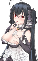 Rule 34 | 1girl, ahoge, azur lane, between breasts, black dress, black hair, blush, breasts, cleavage, collarbone, commentary request, cosplay, crossed bangs, dress, formidable (azur lane), formidable (azur lane) (cosplay), frilled dress, frills, hair ornament, hair ribbon, hand on own chest, kikuchi-darunyan, large breasts, licking, licking finger, long hair, looking at viewer, red eyes, ribbon, simple background, taihou (azur lane), twintails, very long hair, white background