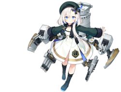 Rule 34 | 1girl, artillery, azur lane, beret, black footwear, black ribbon, blue eyes, boots, byulzzi, closed mouth, cropped jacket, detached sleeves, dress, full body, green jacket, hair ribbon, hat, highres, jacket, libeccio (azur lane), long hair, looking at viewer, machinery, official art, open clothes, open jacket, ribbon, short dress, smile, socks, solo, standing, torpedo launcher, transparent background, turret, white dress, white hair, wind