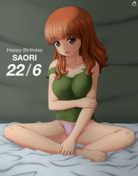 1girl absurdres acrux artist_logo barefoot bed_sheet birthday blunt_bangs bow bow_panties character_name commentary dated girls_und_panzer green_tank_top hand_on_own_arm happy_birthday highres indoors long_hair looking_at_viewer on_bed open_mouth orange_eyes orange_hair panties pink_panties sitting smile solo strap_slip takebe_saori tank_top underwear underwear_only