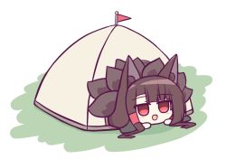 1girl :d akagi_(azur_lane) animal_ears azur_lane blunt_bangs brown_hair brown_tail chibi commentary fox_ears fox_girl fox_tail kashimu long_hair looking_at_viewer lying multiple_tails on_stomach open_mouth red_eyes shadow sidelocks simple_background smile solo tail tent white_background