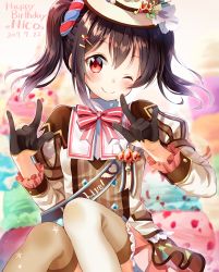 Rule 34 | 1girl, ;), artist name, black gloves, black hair, blurry, blurry background, blush, brooch, brown thighhighs, dated, double m/, food, frilled sleeves, frills, gloves, hair ornament, hairpin, half gloves, happy birthday, ice cream, jewelry, long sleeves, looking at viewer, love live!, love live! school idol festival, love live! school idol project, m/, neck ribbon, nonono (nononotea), one eye closed, red eyes, ribbon, sash, skirt, smile, solo, spoon hair ornament, striped ribbon, thighhighs, twintails, yazawa nico