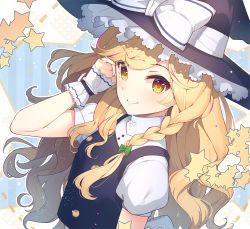 Rule 34 | 1girl, black hat, black vest, blonde hair, blue background, blush, bow, braid, commentary request, eho (icbm), green bow, hair bow, hand in own hair, hand up, hat, hat bow, kirisame marisa, light particles, long hair, looking at viewer, puffy short sleeves, puffy sleeves, shirt, short sleeves, single braid, smile, solo, striped, striped background, touhou, turtleneck, upper body, vertical stripes, vest, white bow, white shirt, witch hat, wrist cuffs, yellow eyes