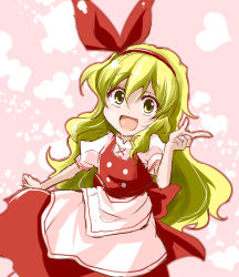 Rule 34 | apron, blonde hair, ellen (touhou), hair ribbon, heart, heart background, highres, index finger raised, long hair, looking at viewer, mr.milk caramel, open mouth, pink background, puffy short sleeves, puffy sleeves, ribbon, short sleeves, sketch, skirt, skirt set, solo, touhou, touhou (pc-98), waist apron, yellow eyes