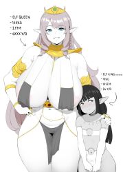 Rule 34 | 1boy, 1girl, age difference, black hair, blue eyes, blush, bracelet, braid, breast curtains, breasts, bulge, coco (setawar), commentary, crown, dark elf, dark skin, detached sleeves, drill hair, elf, english commentary, erection, erection under clothes, gorget, harem outfit, heavy, heterochromia, highres, hime cut, huge breasts, husband and wife, jewelry, large breasts, long hair, mature female, multiple rings, navel, nipples, onee-shota, pelvic curtain, plump, pointy ears, purple eyes, ring, simple background, smile, tall female, tethys seirios (zahylon), thick thighs, thighs, trap, wide hips, yellow eyes