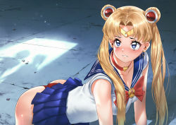 Rule 34 | 1girl, absurdres, afba, all fours, ass, bishoujo senshi sailor moon, blonde hair, blue eyes, blue sailor collar, blue skirt, blush, bow, breasts, choker, circlet, cleavage, collarbone, commentary, crescent, crescent earrings, derivative work, earrings, hair ornament, hair over shoulder, heart, heart choker, highres, jewelry, large breasts, long hair, meme, panties, parted bangs, parted lips, pleated skirt, red bow, red choker, red panties, sailor collar, sailor moon, sailor moon redraw challenge (meme), shadow, shirt, skirt, tearing up, teeth, tsukino usagi, twintails, underwear, white shirt