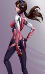 Rule 34 | 1girl, ass, blue eyes, bodysuit, bottle, breasts, brown hair, glasses, grey background, hand on own hip, highres, interface headset, kouichi09, large breasts, long hair, makinami mari illustrious, multicolored bodysuit, multicolored clothes, neon genesis evangelion, plugsuit, red-framed eyewear, solo, twintails, water bottle