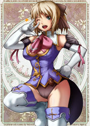 Rule 34 | 1girl, aqua eyes, bare shoulders, blonde hair, boots, bow, cassandra alexandra, gloves, green eyes, hair bow, leg lift, leotard, m/, necktie, one eye closed, open mouth, pink necktie, shoulder pads, solo, soul calibur, soulcalibur, soulcalibur iv, tabigarasu, thigh boots, thighhighs, wink