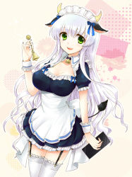 Rule 34 | 1girl, animal ears, apron, bad id, bad pixiv id, bell, breasts, cow ears, cow girl, cow horns, cow tail, female focus, garter belt, garter straps, green eyes, horns, kobato neneko, long hair, looking at viewer, maid, maid apron, maid headdress, original, silver hair, solo, tail, thighhighs, white thighhighs