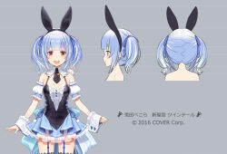 Rule 34 | 1girl, :d, animal, animal ears, animal on shoulder, blue hair, blue ribbon, breasts, detached sleeves, don-chan (usada pekora), fake animal ears, garter straps, hair ribbon, hikosan, hololive, looking at viewer, medium hair, multicolored hair, multiple views, necktie, open mouth, puffy short sleeves, puffy sleeves, rabbit ears, red eyes, ribbon, short necktie, short sleeves, sleeves past wrists, small breasts, smile, standing, thick eyebrows, twintails, two-tone hair, usada pekora, usada pekora (furi furi bunny dress), virtual youtuber, white hair