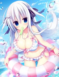Rule 34 | 1girl, absurdres, bare arms, bare shoulders, bead bracelet, bead necklace, beads, bikini, blue eyes, blue ribbon, blue sky, blurry, blush, bracelet, breasts, cleavage, cloud, collarbone, day, floating hair, food, frilled bikini, frills, front-tie bikini top, front-tie top, gluteal fold, hair ornament, hair ribbon, halterneck, hasune, highres, holding, horizon, innertube, jewelry, large breasts, leaning forward, long hair, looking at viewer, mouth hold, navel, necklace, ocean, official art, outdoors, popsicle, raspberry cube, ribbon, sakuraba victoria ruri, side-tie bikini bottom, sky, solo, standing, stomach, striped bikini, striped clothes, sunlight, swim ring, swimsuit, thighs, two side up, very long hair, wading, water, water drop, white hair, x hair ornament