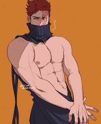 Rule 34 | 1boy, alternate costume, bara, blue eyes, boku no hero academia, covered mouth, cowboy shot, endeavor (boku no hero academia), highres, looking to the side, male focus, mature male, muscular, muscular male, pectorals, red hair, scar, scar across eye, scar on face, short hair, sideburns, solo, spiked hair, sweater, turtleneck, turtleneck sweater, viol vrt