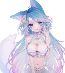 Rule 34 | 1girl, absurdres, animal ears, animal hair ornament, blue eyes, blue hair, breasts, character name, cherry blossoms, chest harness, cleavage, commission, fishnets, flower, frills, gem, gradient hair, hair flower, hair ornament, twirling hair, hairclip, harness, highres, large breasts, long hair, midriff, multicolored hair, nail art, nail polish, neko neko ne katta, no panties, parted bangs, pearl (gemstone), pink hair, pink nails, see-through, silvervale, silvervale (4th costume), simple background, skeb commission, skirt, tail, tongue, tongue out, very long hair, virtual youtuber, vshojo, white background, white nails, wolf ears, wolf girl, wolf tail