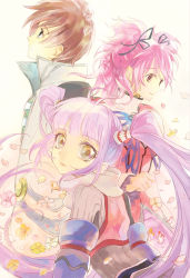 Rule 34 | 1boy, 2girls, asbel lhant, blue eyes, brown eyes, brown hair, cheria barnes, flower, mooche, multiple girls, petals, pink hair, purple eyes, purple hair, sophie (tales), tales of (series), tales of graces, twintails, white background