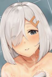 Rule 34 | 1girl, bathroom, blue eyes, grey hair, hair ornament, hair over one eye, hairpin, hamakaze (kancolle), highres, kantai collection, looking at viewer, medium hair, nude, open mouth, shower head, smile, solo, wasavi 8