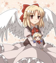 Rule 34 | 2girls, angel wings, blonde hair, blue eyes, blush, bow, bowtie, brown vest, chibi, closed mouth, collared shirt, commentary request, feathered wings, frilled skirt, frills, fuyoyo, gengetsu (touhou), happy, juliet sleeves, long sleeves, maid, maid headdress, mini person, minigirl, mugetsu (touhou), multiple girls, open mouth, pink skirt, puffy sleeves, red bow, red bowtie, red ribbon, ribbon, shirt, short hair, siblings, sisters, skirt, smile, touhou, touhou (pc-98), v-shaped eyebrows, vest, white shirt, white wings, wings, yellow eyes, | |