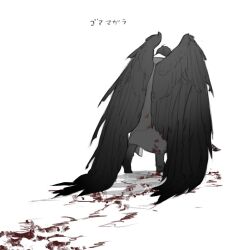 Rule 34 | 1boy, black hair, black kimono, blood, blood on clothes, blood on ground, full body, greyscale, japanese clothes, kimono, large wings, limbus company, male focus, monochrome, project moon, satome setsuko, simple background, solo, walking away, white background, yi sang (project moon)