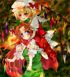 Rule 34 | 2girls, apple, barefoot, blonde hair, blue eyes, braid, breasts, carrying, fangs, flandre scarlet, food, forest, fruit, hand on another&#039;s chest, hat, hat ribbon, head on head, hong meiling, leg hold, long hair, looking at viewer, mob cap, multiple girls, nature, night-moon, outdoors, parted lips, piggyback, puffy short sleeves, puffy sleeves, red eyes, red hair, ribbon, shade, short hair, short sleeves, shoulder carry, side ponytail, single braid, skirt, skirt set, smile, star (symbol), touhou, twilight, wings