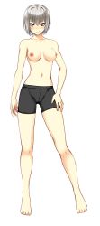 Rule 34 | 1girl, barefoot, bike shorts, blush, breasts, furyou shounen nyotaika ~ijimekko wa choukyou shiteshimae!~, gender request, genderswap, navel, nipples, short hair, silver hair, topless