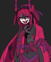 Rule 34 | 1girl, bad id, bad pixiv id, black gloves, black hair, blood, blood on face, blood on clothes, creatures (company), drinking blood, game freak, gen 5 pokemon, gloves, gradient hair, horns, arthropod girl, multicolored hair, nintendo, personification, pokemon, red hair, scolipede, shikkoku neko, solo, tongue, yellow eyes
