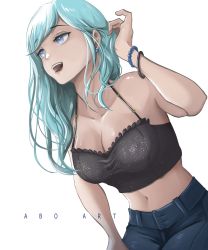 1girl :d absurdres adjusting_hair akobeul artist_name bare_arms black_pants blue_hair bracelet breasts cleavage collarbone crop_top earrings grey_eyes halterneck highres jewelry leaning_forward long_hair medium_breasts midriff navel open_mouth original pants simple_background smile solo stomach straight_hair swept_bangs white_background