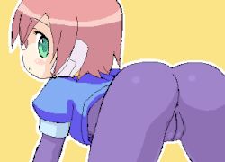 Rule 34 | 1girl, aile (mega man zx), all fours, anus, ass, bent over, blush, bodysuit, cameltoe, capcom, cleft of venus, female focus, from behind, green eyes, looking back, lowres, mega man (series), mega man zx, oekaki, red hair, robot, short hair, simple background, solo, spandex