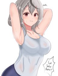 Rule 34 | 1girl, armpits, arms up, blue shirt, braid, breasts, collarbone, curvy, detached sleeves, giggling, grey hair, hair between eyes, highres, hololive, large breasts, looking at viewer, multicolored hair, red eyes, sakamata chloe, shirt, short hair, shouting, simple background, smile, speech bubble, streaked hair, sweat, sweaty clothes, tank top, unknownguy14, virtual youtuber, white background