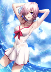 Rule 34 | 1girl, absurdres, armpits, arms behind head, arms up, bare shoulders, blue sky, breasts, cleavage, cloud, collarbone, commentary request, day, dress swimsuit, fate/grand order, fate (series), fujiichi, hair over one eye, highres, in water, light purple hair, looking at viewer, mash kyrielight, mash kyrielight (swimsuit of perpetual summer), medium breasts, ocean, official alternate costume, one-piece swimsuit, one eye covered, open mouth, outdoors, pink ribbon, purple eyes, ribbon, short hair, signature, sky, smile, solo, swimsuit, water, wet, white one-piece swimsuit