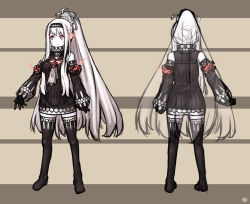 Rule 34 | 10s, 1girl, absurdres, abyssal ship, adapted costume, aircraft carrier water oni, alternate costume, alternate hairstyle, boots, character sheet, collar, colored skin, detached sleeves, dress, gloves, hair bun, hairband, highres, kantai collection, long hair, multiple views, notchi, red eyes, ribbed dress, sailor collar, short dress, single hair bun, thigh boots, thighhighs, very long hair, white hair, white skin, zettai ryouiki
