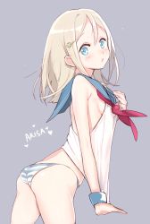 Rule 34 | 10s, 1girl, :o, arched back, ass, ayase alisa, blonde hair, blouse, blue eyes, blue panties, blush, character name, clothes pull, hair between eyes, hair ornament, heart, kissai, long hair, looking at viewer, love live!, love live! school idol project, no bra, no pants, open clothes, panties, sailor collar, school uniform, shiny skin, shirt, shirt pull, sleeveless, sleeveless shirt, solo, striped clothes, striped panties, surprised, underwear