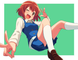 Rule 34 | 1girl, ;d, asada hachi, blue skirt, breasts, brown footwear, buttons, fang, inokuma youko, kin-iro mosaic, loafers, long sleeves, medium breasts, miniskirt, one eye closed, open mouth, orange eyes, pleated skirt, red hair, school uniform, shirt, shoes, short hair, simple background, skirt, smile, socks, solo, v, white background, white shirt, white socks