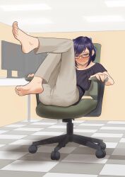 Rule 34 | 1girl, a-chan (2nd costume) (hololive), a-chan (hololive), absurdres, aiharararara, barefoot, black hair, blue eyes, blush, feet, glasses, highres, hololive, looking at viewer, medium hair, soles, swivel chair, toes, virtual youtuber