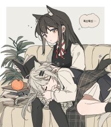 Rule 34 | ..., 2girls, animal ear fluff, animal ears, arknights, black hair, black socks, black vest, book, book stack, border, buttons, caressing, check translation, closed eyes, closed mouth, commentary, couch, curled up, dot nose, extra ears, food, from side, fruit, grey background, grey hair, hair ornament, hairclip, hand in another&#039;s hair, hand up, highres, holding, holding book, indoors, korean text, lap pillow, lappland (arknights), leaf, long hair, long sleeves, looking at object, lying, messy hair, multiple girls, on couch, on side, open book, orange (fruit), orange eyes, outside border, pale skin, plant, pleated skirt, potted plant, reading, red ribbon, resting, ribbon, seri (vyrlw), shirt, simple background, sitting, skirt, sleeping, socks, speech bubble, spoken ellipsis, spoken zzz, symbol-only commentary, tail, texas (arknights), translation request, vest, white border, white shirt, white skirt, wolf ears, wolf girl, wolf tail, yuri, zzz