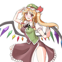 Rule 34 | 1girl, blonde hair, blush, braid, crystal, flandre scarlet, hat, hong meiling, if they mated, long hair, mob cap, open mouth, red eyes, ribbon, side ponytail, smile, solo, touhou, twin braids, vest, wings